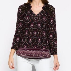 Daniel Rainn Caleena Pleated Shoulder Crochet Panel Top black purple size S